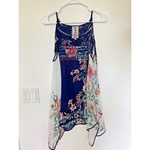 Johnny Was Boho Navy Cupro Floral Tunic Blouse M Handkerchief Hem Scarf Print